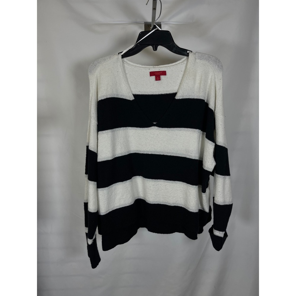 Jennifer Lopez‎ Womens XL Striped V-Neck Sweater Black White Metallic Knit Top